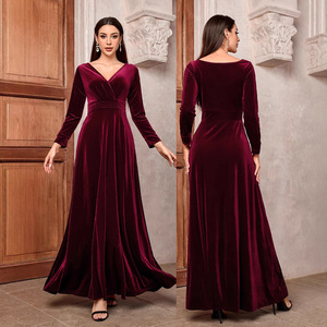 Abito da donna elegante in <span class=keywords><strong>velluto</strong></span> con collo a V a <span class=keywords><strong>maniche</strong></span> <span class=keywords><strong>lunghe</strong></span> stringe vita abito da sera per banchetti autunno inverno - Product Image 3