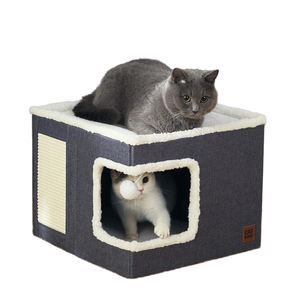 Lit-cube chauffant pour chats d'intérieur, mobilier en peluche avec griffoir, lavable en machine - Product Image 1