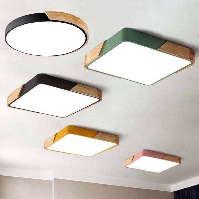 Modern LED Ceiling Light with Remote Control Square Round Wooden Design for Living Room and Bedroom