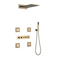 Robinetterie thermostatique en cuivre brossé doré, ensemble de douche mural avec pommeau de douche cascade et pluie, installation encastrée, design minimaliste