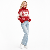Pull-over en tricot à col roulé pour femme, avec logo personnalisé, motif Fair Isle rouge et blanc, pour Noël, en polyester, pour l'automne et l'hiver