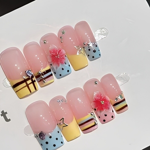 <span class=keywords><strong>Uñas</strong></span> Postizas Hechas a Mano B582, Almendradas, Manicura Francesa, Rosa Pastel, Amarillo, Azul, <span class=keywords><strong>con</strong></span> Puntos, <span class=keywords><strong>Rayas</strong></span>, Estrellas y Flores - Product Image 5
