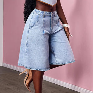 Short en jean bleu clair légèrement extensible coupe ample |   Poches à détails lavés pour le printemps/été - Product Image 1