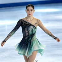 Robe de patinage artistique dégradé menthe-noir à manches longues avec strass et maille, costume de compétition de patinage sur glace personnalisé pour filles et femmes