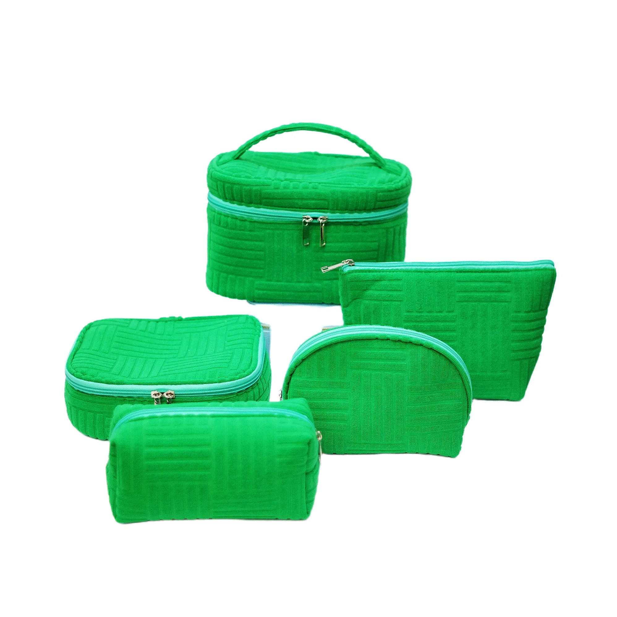 Groene Handdoek Stof Vrouw Make-Up Tas Set Badstof Toilettas Cosmetische Tas Zachte Stof Make-Up Zakje Met Rits