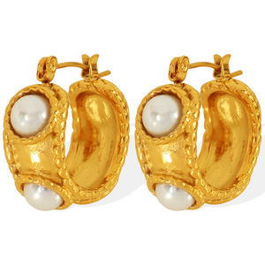 Pendientes Huggie en Forma de C con Perlas de Imitación y Engaste de Bisel, Joyería de Moda - Product Image 5