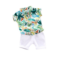 Tenue d'été de style coréen pour garçons, ensemble chemise en coton à imprimé floral et animaux, haut à manches courtes à col + pantalon court blanc