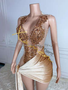 Parti gece kulübü için toptan lüks aç geri seksi Mesh dantelli elbiseler Rhinestone elmas Sheer gül altın doğum günü Mini elbise - Product Image 4