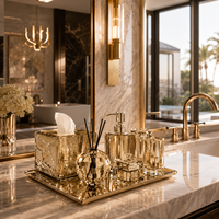 Ensemble d'accessoires de salle de bain de luxe 5 pièces en cristal avec boîte à mouchoirs, distributeur de savon, diffuseur de parfum, pot à cotons-tiges et accessoires de vanité