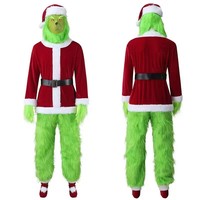Costume de monstre vert en fourrure pour adulte, inspiré du Père Noël, ensemble en polyester, tenue de cosplay d'Halloween pour homme, vente en gros transfrontalière