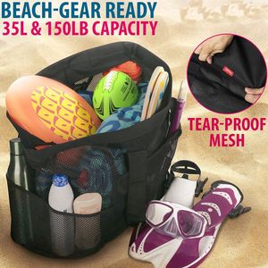 Sac de plage XL en maille avec fermeture éclair, sac fourre-tout très résistant avec fermeture éclair, 8 grandes poches et pochette étanche bonus pour téléphone portable - Product Image 6