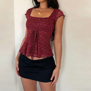 Camiseta de mujer con cuello cuadrado, manga corta, volantes, lazo frontal y cordones, ajustada, informal, a la moda, para verano - Product Image 5