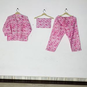 Magnifique ensemble de pyjama rose imprimé à la main avec motifs floraux - Vêtements de nuit en coton, tenue de nuit et de détente bohème d'été pour femme, idéal comme cadeau - Product Image 1