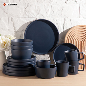 Wholesale Vajilla Vaisselle Plates <strong>Set</strong> 16 Pieces <strong>Restaurant</strong> Hotel Luxury Matte Dark Blue Stoneware Dinnerware Tableware <strong>Set</strong> - Product Image 1