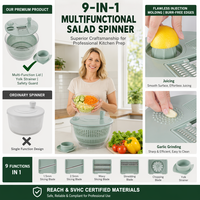 9-in-1 Salade Dehydrator met Groentehakker Efficiënt Keukenhulpmiddel voor Snel Wassen en Snijden van Fruit en Groenten