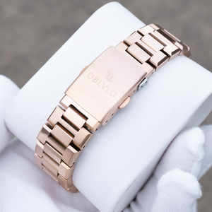 OBLVLO Luxury Fashion Mens Rose Gold Round Diamonds Bezel Quartz 40mm Green Dial Date Display Bracelet <strong>Retro</strong> <strong>Clock</strong> AW - Product Image 6