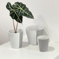 Pot Bunga Porselen Putih Bulat Dekoratif Nordik dengan Garis Hitam untuk Penggunaan Tahan Lama di Rumah & Taman Luar/Dalam Ruangan