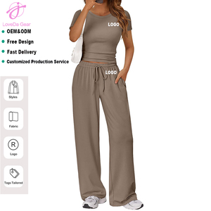 Ensemble deux pièces décontracté Loveda pour femme : T-shirt Y2K à col rond et manches courtes, pantalon ample de couleur unie - Product Image 1