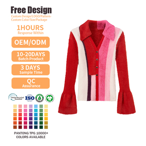 Fabricante de prendas de punto, suéter de punto con bloques de color personalizados, suéter de manga larga, cálido y cómodo para invierno, con cuello en V, para mujer - Product Image 2