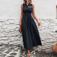 Fournisseur Robe longue décontractée sans manches à col ras du cou avec ceinture nouée Robes de vacances confortables et respirantes avec poche