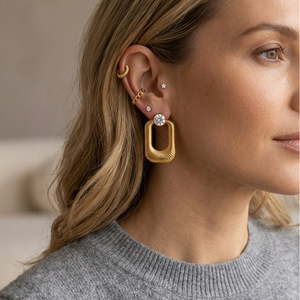 Geometric Gold Tone <b>Stud</b> <b>Earrings</b> With Clear Zircon Bezel Setting For Women Fashion Jewelry - Product Image 3
