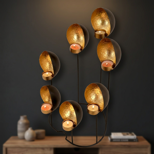 AK Brass <b>Metal</b> Decorative Tealight <b>Candle</b> <b>Holder</b> With 7 <b>Holders</b> <b>Black</b> And Golden Hammered Stand For Home Decor - Product Image 1