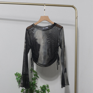 Maglietta a maniche lunghe in rete trasparente da donna, top stampato tie-dye, t-shirt in rete - Product Image 2