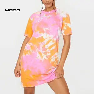 Mgoo Oranje Tie-Dye Shirts Jurk Vrouwen Loose Fit Lange Lijn T-shirts Jurk Oversize Half Mouw Streetwear