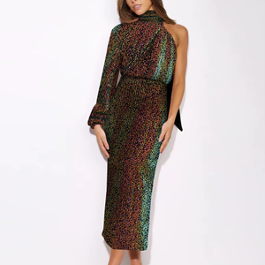 Abito da sera stile Casual con scollo all'americana di alta qualità con paillettes monospalla gonna lunga con spacco in tinta unita sciarpa intrecciata abito - Product Image 1