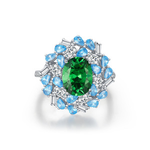 S925 <b>silver</b> <b>Emerald</b> Green Gemstone Flower <b>Ring</b> With Blue Topaz And Round Brilliant Cut Diamonds Prong Setting Women's Cocktail - Product Image 1