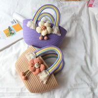 Bolso de playa tejido, fresco y lindo, con diseño de arcoíris, versátil, adorable, de gran capacidad, impermeable, de cuerda de yute.