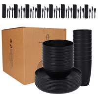 Ensemble de vaisselle en plastique noir, assiette, bol, tasse, couteau, fourchette, cuillère, 28 pièces, ensemble cadeau