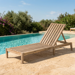 Chaise longue d'extérieur en teck avec dossier réglable et cadre à lattes pour patio, jardin, bord de piscine - Product Image 2