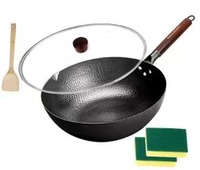 Wok de style chinois en fer forgé antiadhésif de 30 cm avec couvercles en verre et spatule