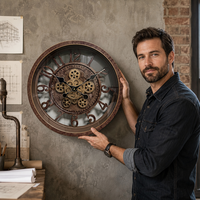 Jam Dinding Retro Cokelat Besi Berongga Gaya Steampunk dengan Roda Gigi Tunggal, Desain Openwork 3D Roda Gigi Terlihat, Senyap Tanpa Suara Tik-tok, Quartz, untuk Ruang Tamu