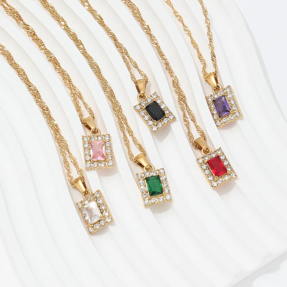 Joolim Jewelry Gold Plated Luxury Blue Emerald Clear Pink Purple Zirconia Rectangle Stainless Steel Crystal Stone 18K Necklace