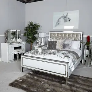 Modern Luxury Upholstery Tufted Headboard Queen King Double Silver Mirrored Bed For Bedroom Frame Furniture Set