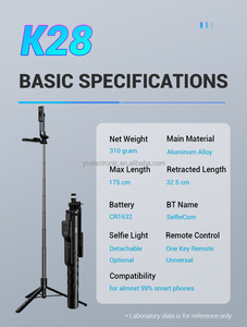 K28 - <span class=keywords><strong>Palo</strong></span> Selfie Extensible de 1.75 m, Trípode para Teléfono, <span class=keywords><strong>Palo</strong></span> Selfie para Vlog/Selfie/Video, 360 Grados, Todo en Uno, Retráctil, de Aluminio - Product Image 2