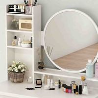 Table de toilette moderne en chêne européen avec miroir éclairé, étagères, tiroirs et tabouret – Prix usine 2026