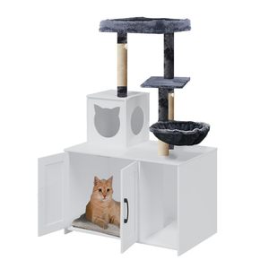 Muebles para mascotas en apartamentos pequeños: Casa oculta para gatos con árbol para gatos, gabinete de almacenamiento, caja de arena para gatos interior simple y transpirable. - Product Image 1