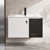 Meuble de salle de bain avec miroir, porte en verre alvéolé en aluminium, rangement ouvert, évier en céramique, noir et blanc, fixation murale