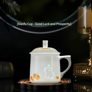 Taza de Cerámica Jingdezhen con Tapa - Diseño Pintado a Mano de Caqui y Gato, Taza Estética para Uso Personal y Regalo - Product Image 3