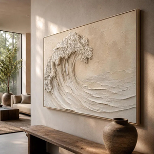 Tableau mural texturé vague <span class=keywords><strong>abstraite</strong></span> neutre, <span class=keywords><strong>peinture</strong></span> minimaliste inspirée de l'océan, toile beige sculpturale peinte à la main - Product Image 2
