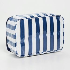 Women's Navy Blue Striped Cotton Canvas Reusable Eco-Friendly Zip Portable Travel Storage <b>Organizer</b> <b>Cosmetic</b> Bag Practical - Product Image 4