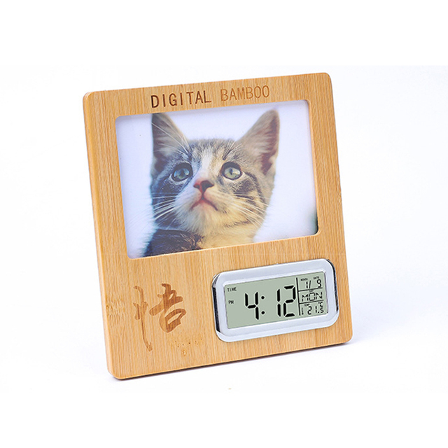 Bamboo Wood Digital Calendar, Alarm Clock Photo Frame With Wireless Charger Temperature Calendar Clocks/