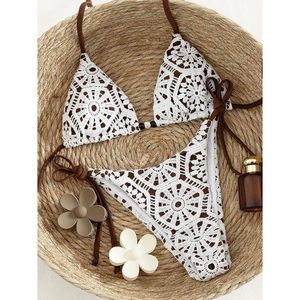 Women's Crochet <b>Bikini</b> <b>Set</b> Triangle <b>String</b> Halter Tie Side High Cut 2 Piece Swimsuit Stretch Lace Up - Product Image 5
