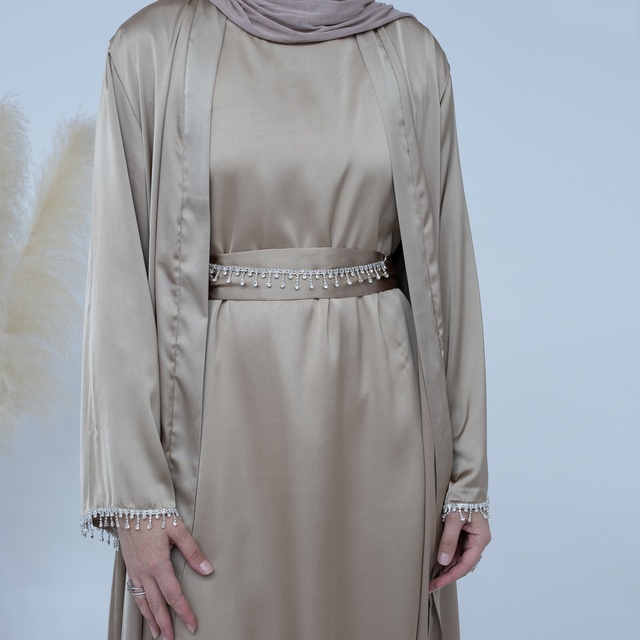 Crystal Modest Set With Matching Inner Slip Muslim Dress Kaftan Rhinestone Belt Satin Open Abaya
