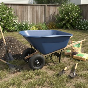 Robuste, 6 pieds cubes <span class=keywords><strong>Brouette</strong></span> à deux <span class=keywords><strong>roues</strong></span> (130L) avec plateau en PP, roue pneumatique 16x4.00-8, jante métallique et poignée en <span class=keywords><strong>bois</strong></span> <span class=keywords><strong>pour</strong></span> jardin et construction - Product Image 2