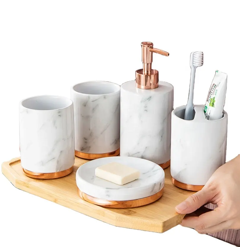 Dispensador de luxuoso de cerâmica, dispensador de 5 peças, suporte de escova de dentes, caneca de dente, prato de sabão