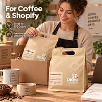 Sac à café en papier kraft imprimé sur mesure avec poignée et valve de dégazage unidirectionnelle, pochette d'emballage à fond plat